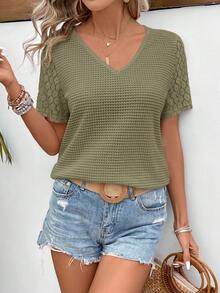 SHEIN Frenchy 女款素色圓領短袖對比蕾絲休閒T恤 - 軍綠色 - 查看 6