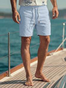 HIMLAND Pantalones cortos de unicolor con cordón en la cintura y bolsillos para hombres para vacaciones - Azul - Ver 3