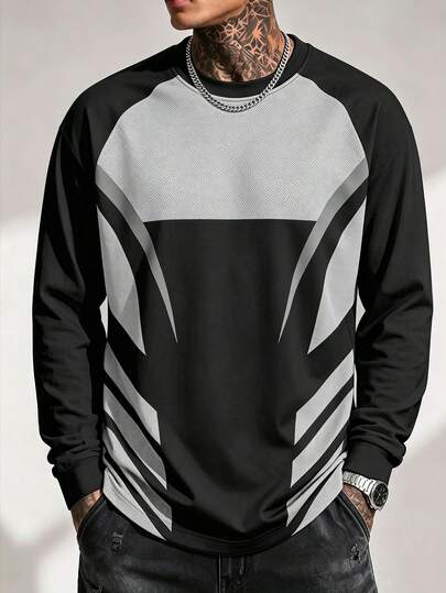 Coreblaze Athletic Streetwear Contrast Panel Men Long Sleeve Pullover, Black Grey Curved Diagonal Geometric Graphic, Mesh Breathable Textured Fabric, Loose Fit