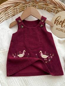 SHEIN 新生女嬰可愛紅色休閒卡通刺繡圖案秋冬洋裝 - 酒紅色 - 查看 2