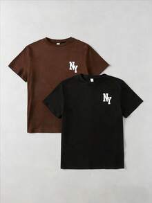 SHEIN Vacaura 青少年男孩字母圖案休閒日常短袖T恤 - 彩色 - 查看 3