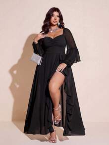 Viva Relle Plus Size Women's Ruched Bust Flowy Hem Long Dress With Ruffle Trim, Suitable For Dating, Cocktail Party, Party And Other Occasions Fall - Black - View 3
