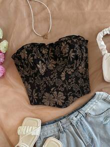Soleia Women's Plus Size Black Textured Fabric Vintage Bandeau Top - Brown - View 1