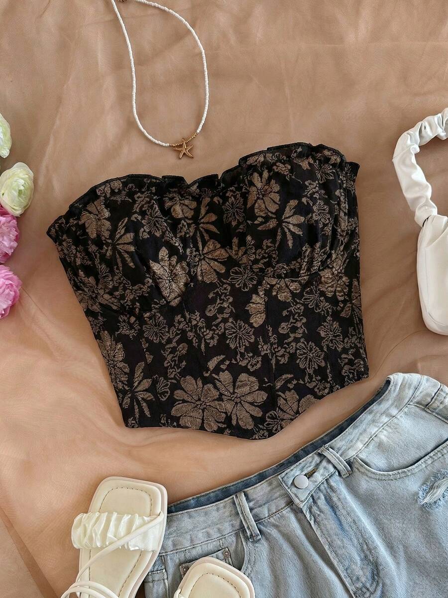 Soleia Women's Plus Size Black Textured Fabric Vintage Bandeau Top - Brown - View 1