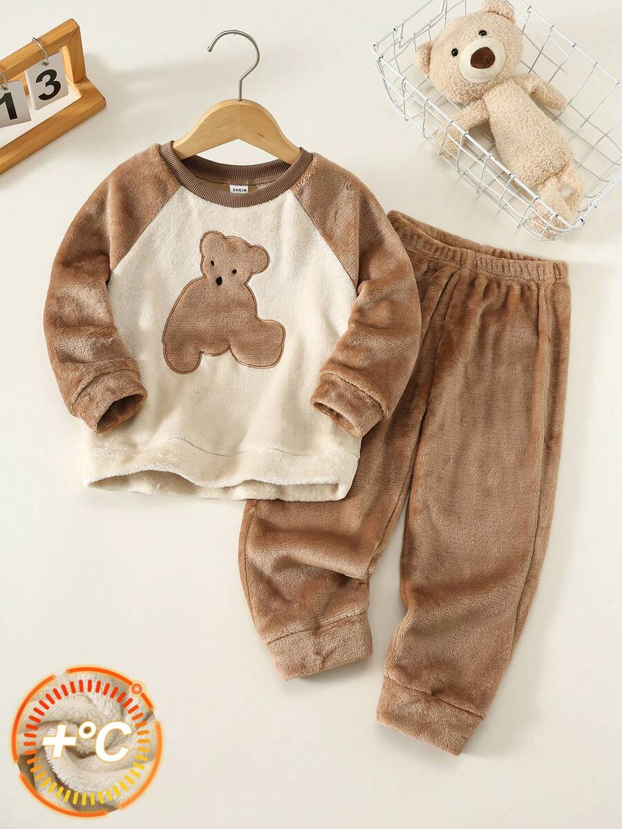 SHEIN Set Pakaian Tidur Bayi Laki-laki Musim Gugur/Dingin, Atasan Lengan Panjang Bergaris dengan Kerah Bulat dan Celana Panjang, Lembut dan Nyaman, Berlapisan Bulu Domba, 2 Potong - Coklat - View 1