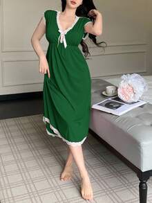 SHEIN 女款深V領蝴蝶結睡裙 - 墨綠色 - 查看 6