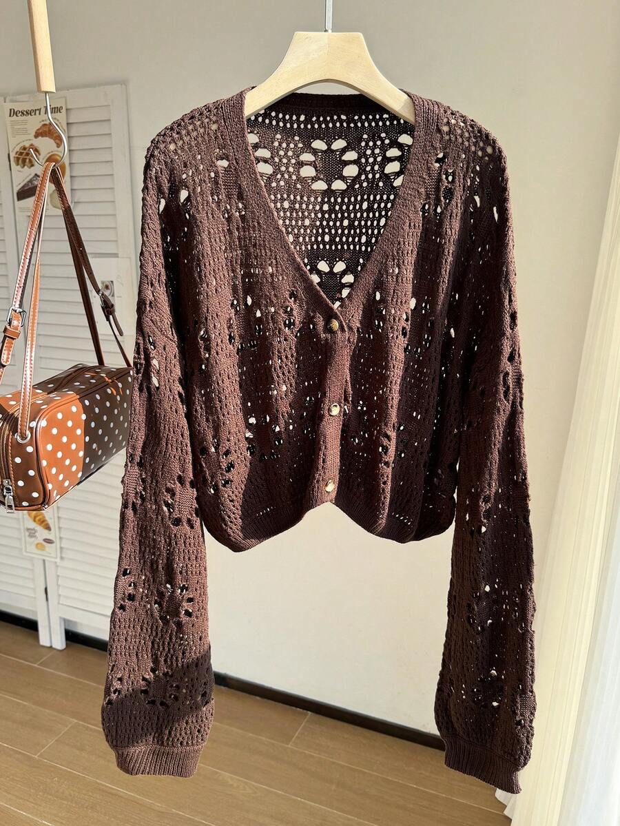 Comfortcana Plus Size Vacation Fashion Hollow Out Button Knit Cardigan - Brown - View 1