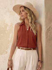 SHEIN LUNE Women's Sleeveless Mandarin Linen-Like Collared Blouse, Versatile And Slimming For Commuting - Redwood - View 1