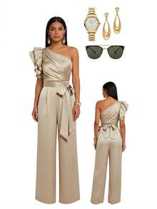 SHEIN Clasi Off-Shoulder Ruffled Tie-Up Jumpsuit Cocktail Party Fancy Wedding Champagne Summer Elegant - Champagne - View 7
