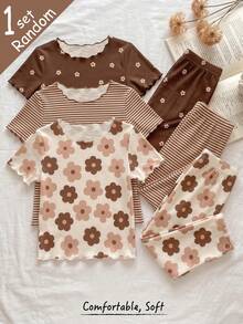 [Randomly Sent 1 Set]Young Girls Pajamas, Spring/Summer/Autumn/Winter, Korean Style, Floral & Striped Print, Wavy Hem Design, Round Neck Short Sleeve Top & Long Pants 2-Piece Loungewear Set, 1 Set - Multicolor - View 3