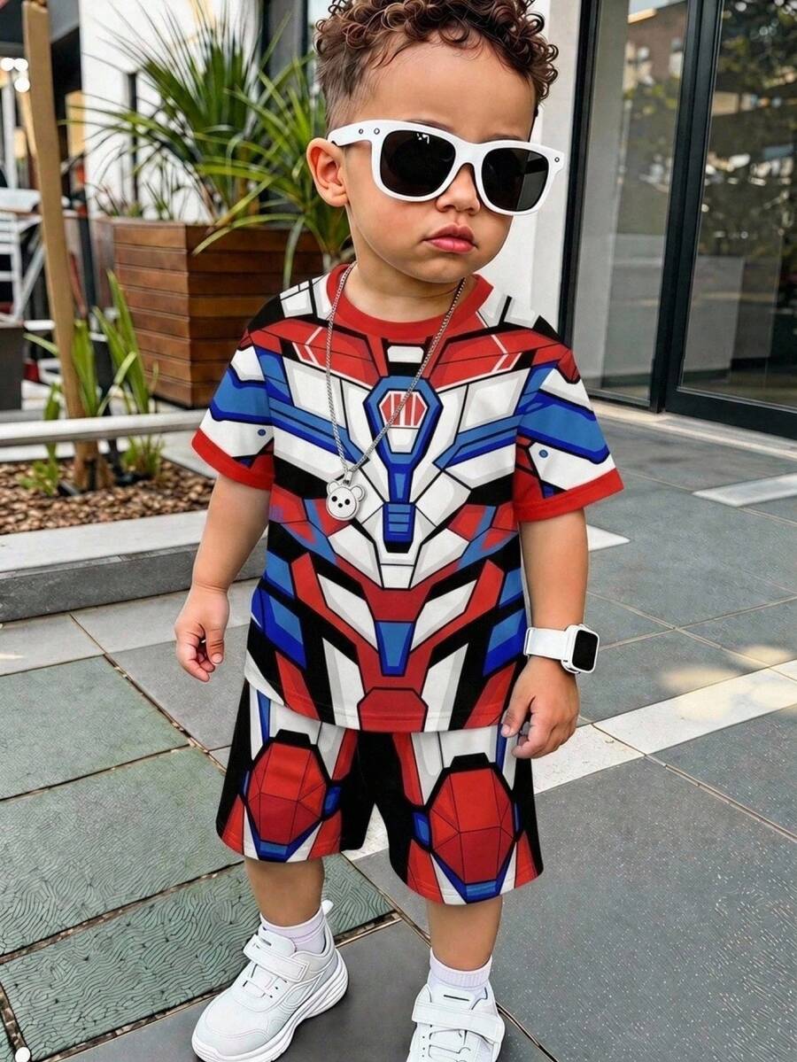 Kids Young Boy Casual Mecha Graphic Print Minimalist T-Shirt Set - Multicolor - View 1