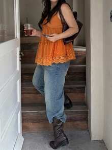 Dazy Plus Lace Patchwork Orange Spring/Summer Comfortable Korean Style Camisole Blouse - Orange - View 3