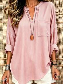 EMERY ROSE Women's Striped V-Neck Casual Loose Pocket Shirt - Pink - View 1