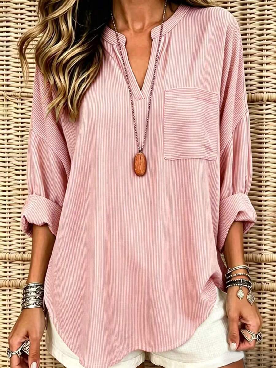 EMERY ROSE Women's Striped V-Neck Casual Loose Pocket Shirt - Pink - View 1
