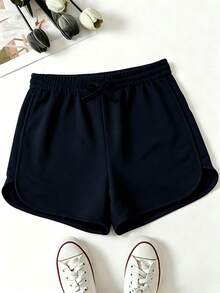 Tween Girl Drawstring Waist Solid Color Casual Daily Shorts - Navy Blue - View 8