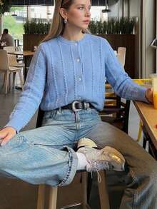 Cévolie Autumn/Winter Slouchy Loose Fit Elegant Casual Commute Knit Cardigan Versatile Sweater - Blue - View 2