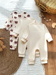 SHEIN Vintaside Kids 男嬰幼兒 0-3 歲，可愛動物印花連身衣三件套 - 棕色 - 查看 2