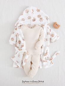 Cozy Pixies 女嬰卡通圖案保暖內裡加厚連帽長袖前綁帶睡袍，保暖內裡加厚，適合冬季，睡袍 - 杏色 - 查看 3