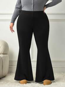 SHEIN CURVE+ Plus Size Casual Versatile Solid Color Flare Pants Fall - Black - View 6