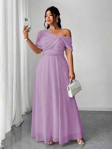 SHEIN PETITE CURVE 大码女式优雅浪漫婚礼宾客礼服，轻盈正式礼服，雪纺单肩开衩连衣裙 - 淡紫色 - 查看 4