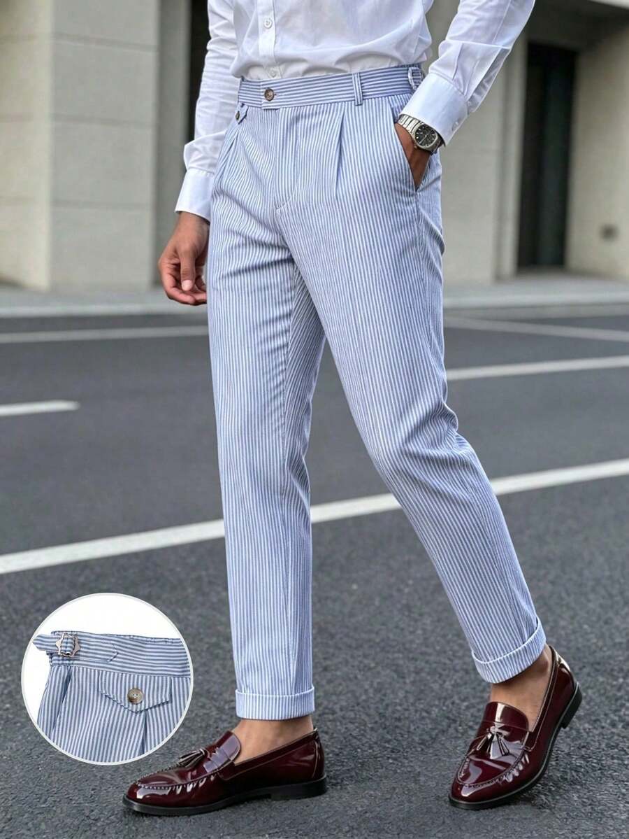 Manfinity Mode Men's Plus Size Mature Modern Blue Striped Casual Spring/Summer Suit Pants - Blue - View 1
