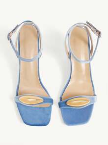 CUCCOO CHICEST Rear Crossed Strap Metal Accessories Open-Toed Square Toe Stiletto Fashion Commuter Blue Suede Ladies High Heel Sandals Dating Vacation - Blue 1 - View 2