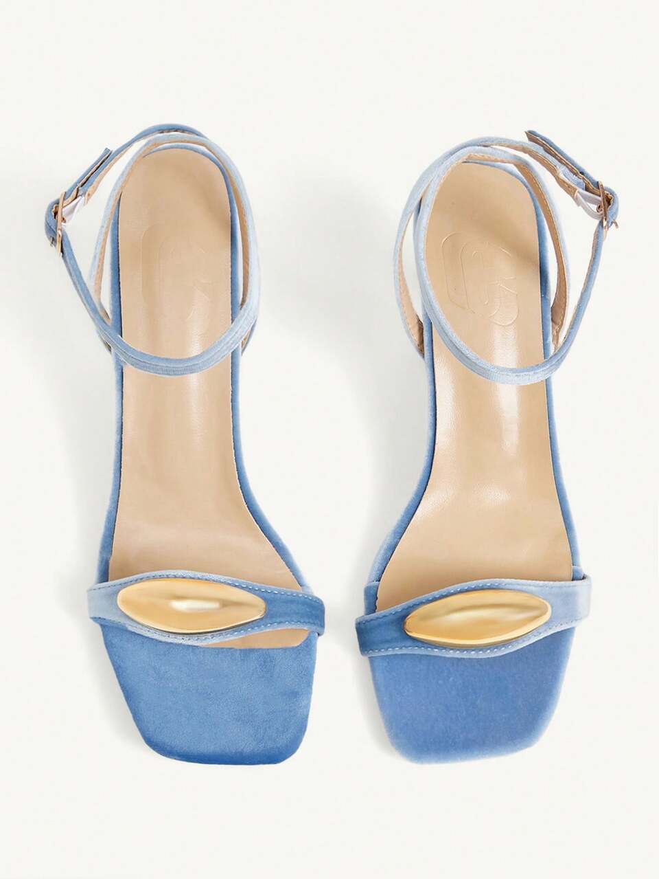 CUCCOO CHICEST Rear Crossed Strap Metal Accessories Open-Toed Square Toe Stiletto Fashion Commuter Blue Suede Ladies High Heel Sandals Dating Vacation