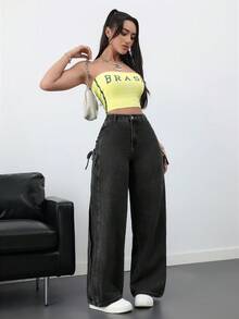 SHEIN ICON 女款休閒寬鬆牛仔褲，蝴蝶結裝飾，黑色秋季款 - 黑色 - 查看 6
