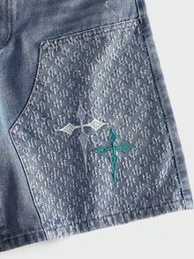 ROMWE MEN Street Life Teen Boy Casual Denim Shorts With Pocket Embroidery Design - Blue - View 4