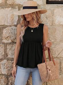 EMERY ROSE Top de tirantes casual de verano versátil de color liso con ribete de volantes - Negro - Ver 5