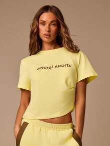 Athîral Women's Casual Letter Embroidered Top Contrast Color Pants Pale Yellow Pastel Yellow 2pcs Set Summer Clothes Going Out Gym Workout Sportswear - Yellow - View 5