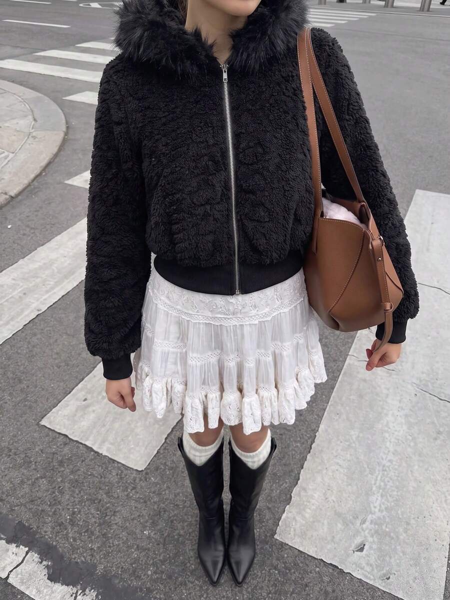 SHEIN MOD 女式连帽长袖心形图案蓬松装饰夹克,秋冬,早午餐女士,秋季婚礼宾客连帽衫,返校节,90 年代,女士深秋休闲撞色蓬松,拉链常规袖连帽常规剪裁纯色女式夹克,休闲日常穿着 - 黑色 - 查看 1