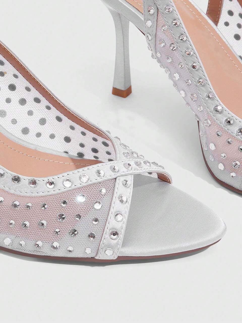 CUCCOO SZL Women's Silver Rhinestone Mesh Peep Toe Slingback Pumps For Evening And Party Wear