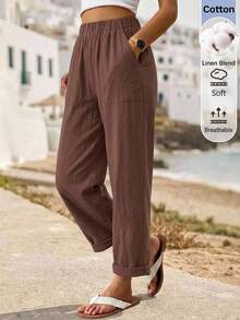 SHEIN LUNE 女款 95% 棉棕色口袋長褲 - 鏽棕色 - 查看 1
