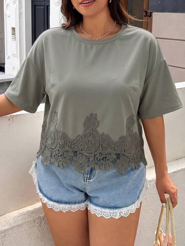 GalTyme Summer Snowflake Wash Plus Size Short Sleeve T-Shirt Brunch Sage Green Elegant - Olive Green - View 6