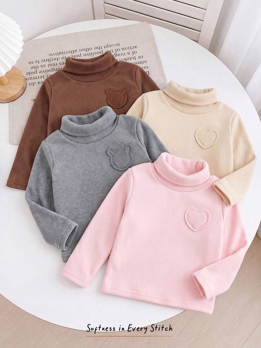 Cozy Pixies Baby Girl 4pcs Packs Solid Color Knitted Ruffled Hem Long Sleeve Tops, Autumn Winter - Pink - View 1