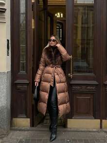DAZY Women's Bow Tie Tie-Up Fur Collar Winter Comfortable Elegant Cotton Padded Coat - Coffee Brown - View 3