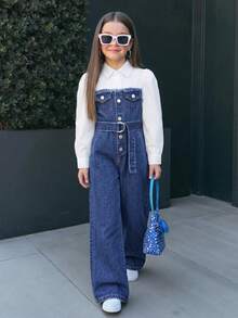 SHEIN Young Girls Elegant Chic Blue Denim Patchwork White Shirt-Style Belted Loose Long Pants Jumpsuit, Fall/Winter, For Girls Back To School Clothes - Dark Wash - View 2