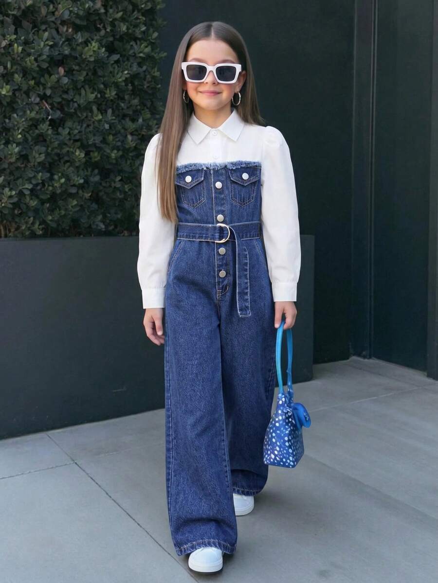 SHEIN Young Girls Elegant Chic Blue Denim Patchwork White Shirt-Style Belted Loose Long Pants Jumpsuit, Fall/Winter, For Girls Back To School Clothes