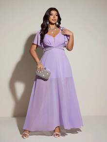 SHEIN PETITE CURVE 大码女士优雅浪漫V领短袖飘逸连衣裙，春夏款 - 紫色 - 查看 3