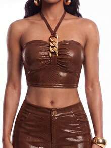 Zyxie Brown Checkered Snake Print Sexy Hot Girl Strapless Tube Top Long Pants 2 Pieces Set Club Party Summer - Rust Brown - View 7