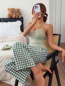 Napfluff Minimalist Ribbed Knit Camisole Set, Fresh Plaid Wide Leg Loungewear 2 Pieces Set - Green - View 3