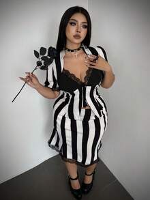 Whyspr Halloween Cosplay Light Punk Striped Colorblock Lace Halloween Gothic Elegant Commute Short Sleeve Skirt Short Plus Size 2 Pieces Set Women's Hallowee - Black and White - View 1