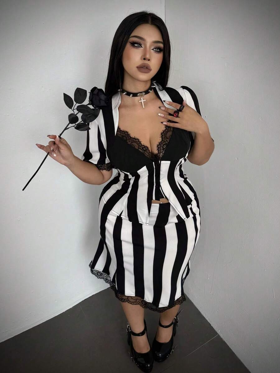 Whyspr Halloween Cosplay Light Punk Striped Colorblock Lace Halloween Gothic Elegant Commute Short Sleeve Skirt Short Plus Size 2 Pieces Set Women's Hallowee - Black and White - View 1