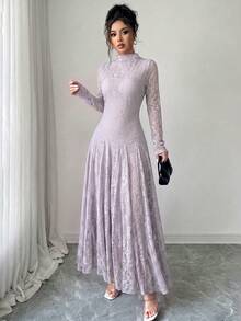 Modelyn 酒紅色設計半高領收腰顯瘦蕾絲女裝洋裝 - 紫色 - 查看 6