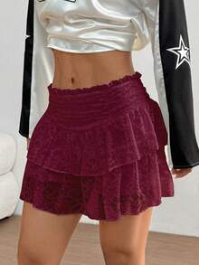 SHEIN Unity Women's Lace Ruffle Hem Ruched Skirt - Burgundy - View 3