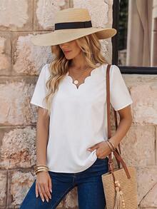 EMERY ROSE Scallop Trim Solid Blouse - White - View 6