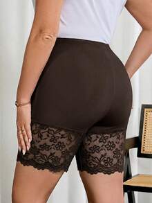 SHEIN Clasi Conjunto de 2 piezas de leggings para mujer talla grande, pantalones y shorts en negro y marrón chocolate, con dobladillo de encaje, elásticos, elegantes y casuales para oficina, vacaciones y verano - Café integral - Ver 2