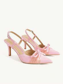 CUCCOO CHICEST French Retro Brown Satin Pointed High Heels Women, Bow Back Empty Stiletto Shoes, Socialite Banquet Shoes Fall Shoes - Pink - View 1