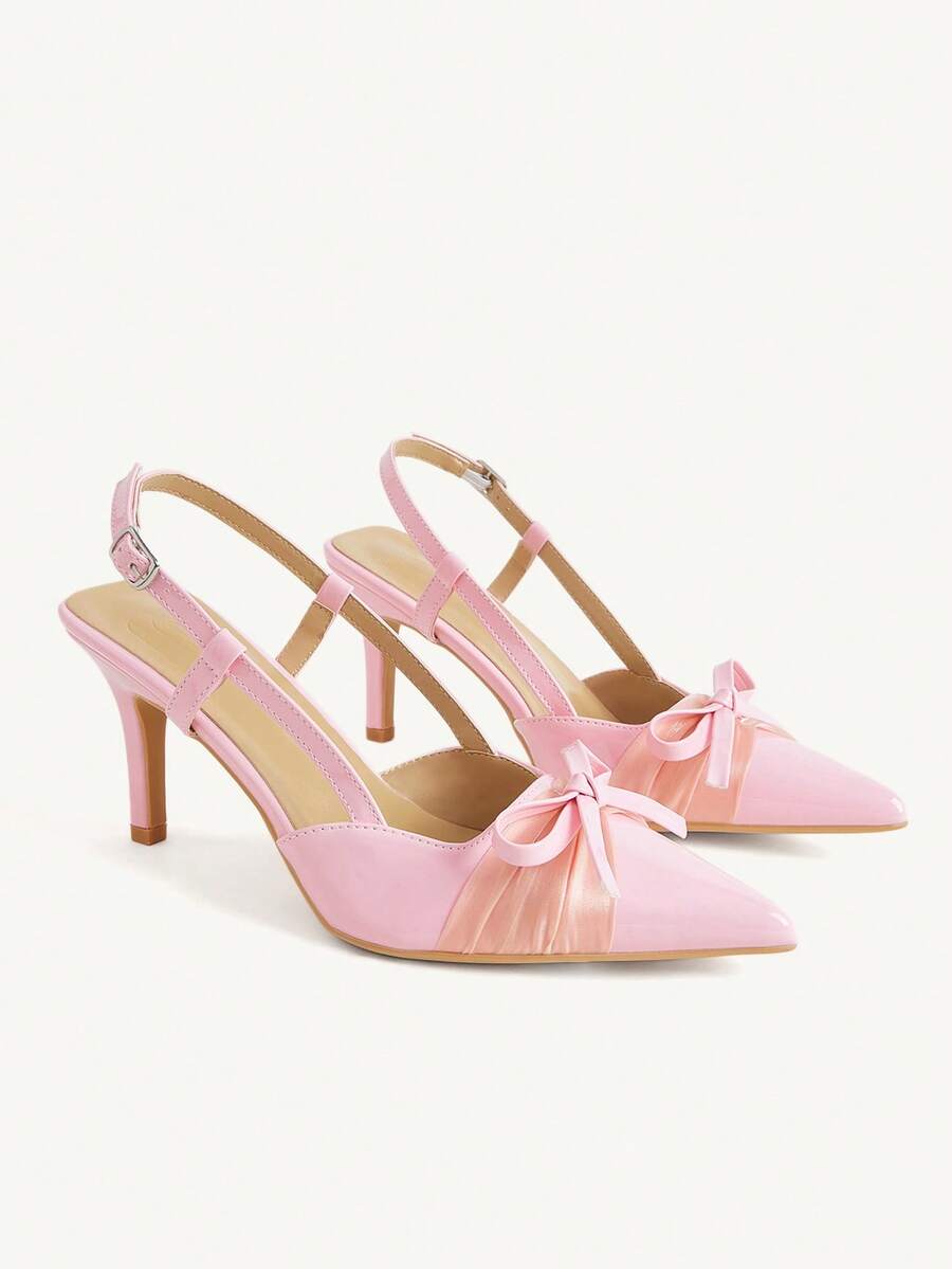 CUCCOO CHICEST French Retro Brown Satin Pointed High Heels Women, Bow Back Empty Stiletto Shoes, Socialite Banquet Shoes Fall Shoes - Pink - View 1
